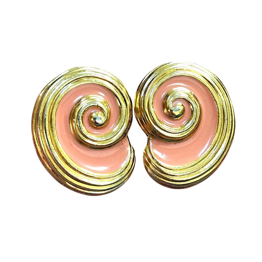 Vintage clip on earrings chunky 80’s style textured gold & peach enamel swirls